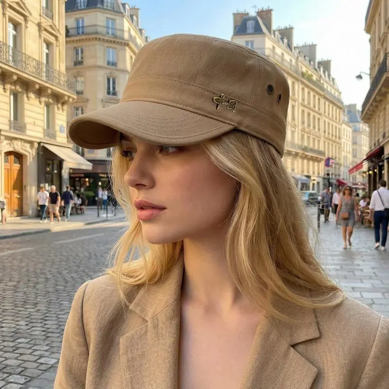 Deep Black Calligraphy Emblem Flat Top Cadet Military Cap Y2K Viral Baddie Aesthetic Main Character Energy Adjustable Streetwear Effortless Glamour Casual Daily Headwear