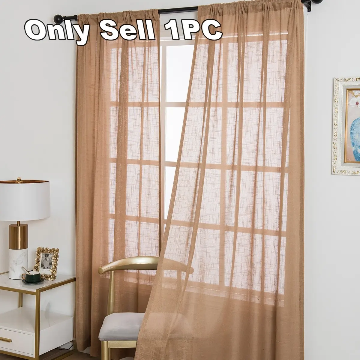 1PC Modern Minimalist Solid Color Sheer Curtain with Thick Linen Look, Light-Filtering Privacy Window Drapes, Large Grommets for Easy Hanging