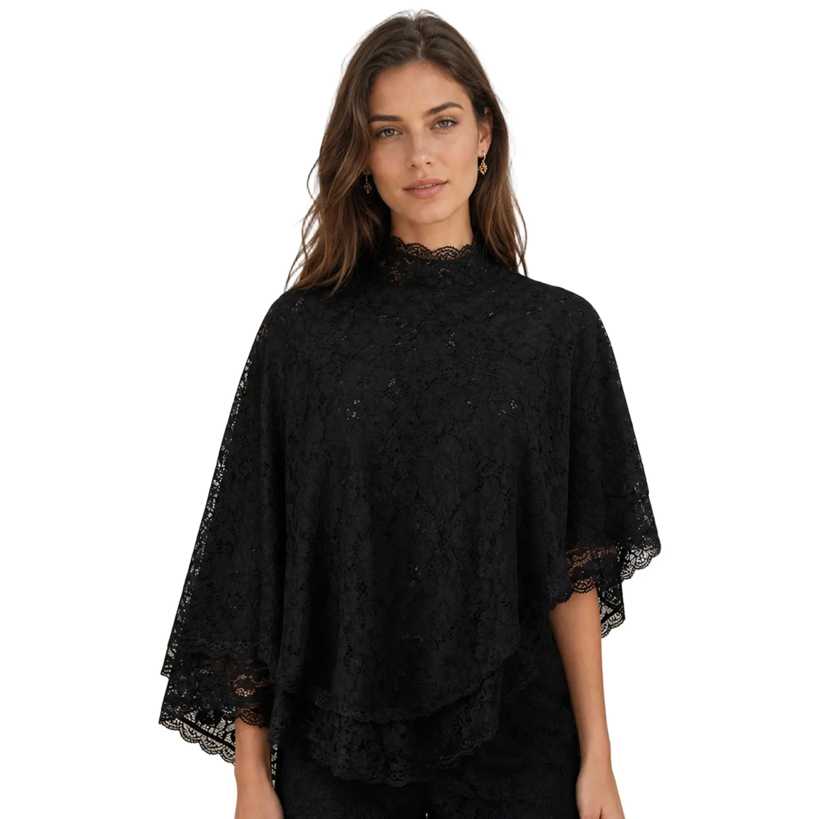 Women's Polyester Mock Neck Lace Poncho Blouse - Multi-Color, Asymmetric Cut, Loose Fit Tunic, Cute Tops for Women, Casual Tops, Lace Detail