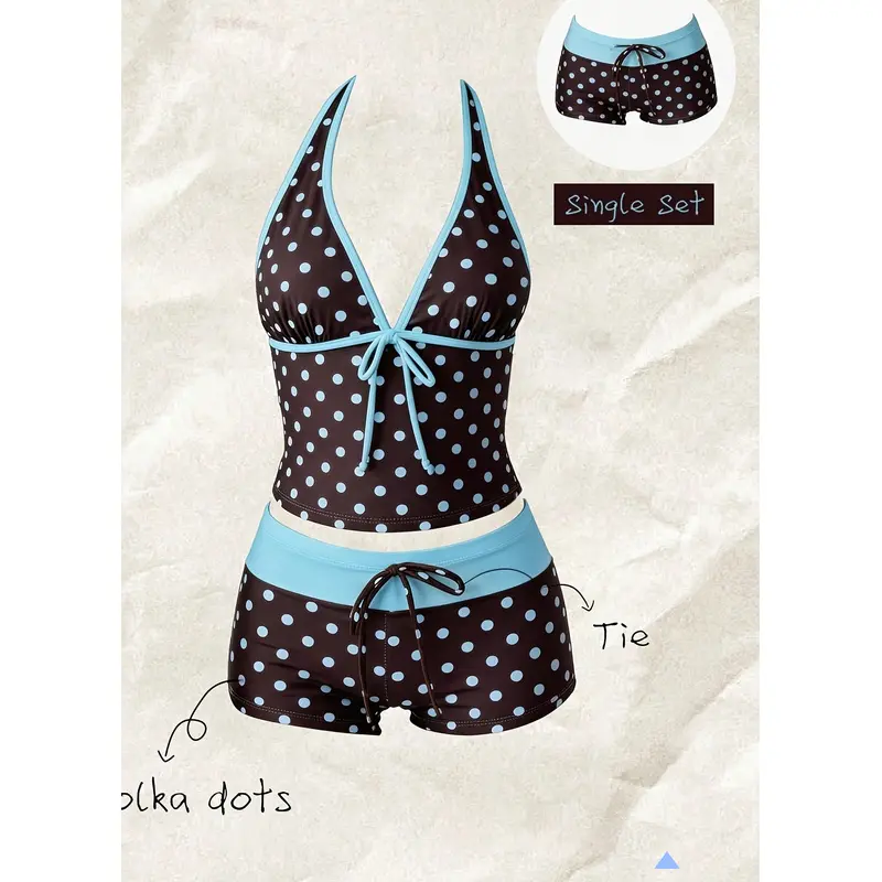 Women's 2pcs Polka Dot Tankini Swimsuit • Brown & Blue Halter Top With Boyshort Bottom • Vintage Tie Front Bathing Suit • Modest Swimwear For Beach Vacation