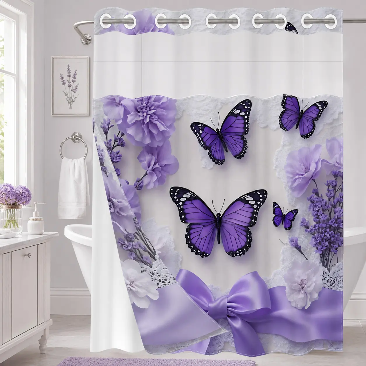 1Pc Hookless Double Layer Printed Shower Curtain, Purple Butterfly Floral Lace Bow Print, Elegant Feminine Bathroom Makeover Decor Curtain, Water Repellent Washable Fabric, Removable Snap-in Liner, Top See-Through Window, For Apartment, Hotel, Guest Bath