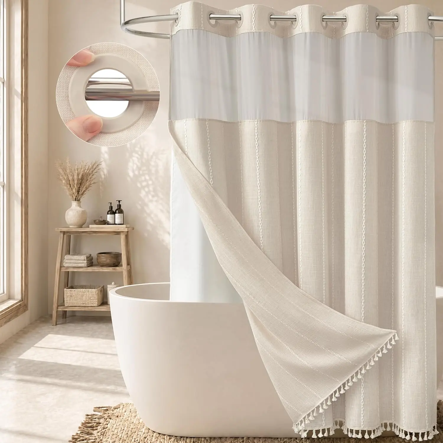 Ringless Boho Shower Curtain with Snap in Liner, Vintage Linen Fabric Waterproof Bathroom Shower Curtains with Tassel, Farmhouse Striped Shower Curtain Set, Mesh Top Window, 72x75, Beige/Cream