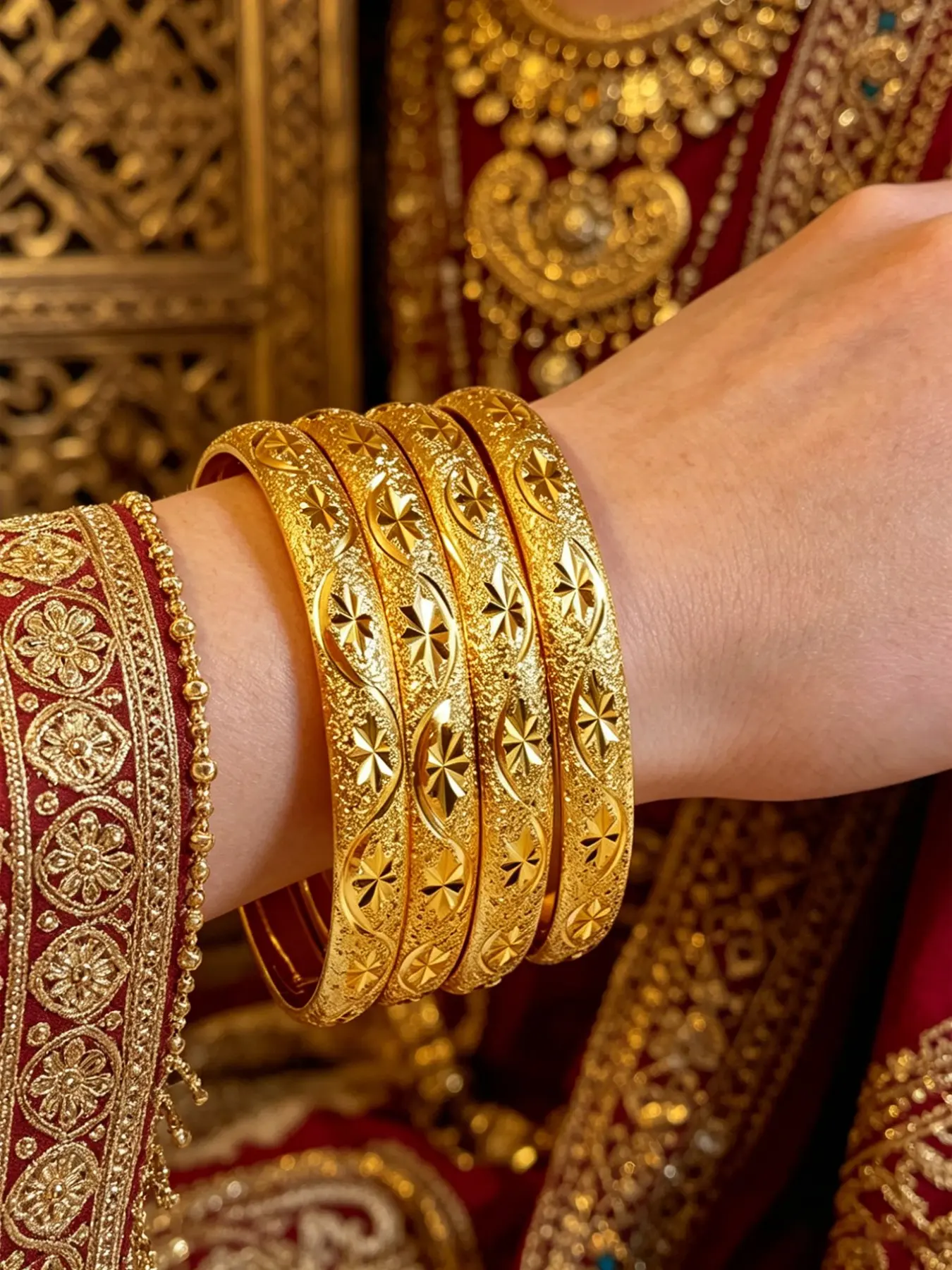 Women's 4-Piece Dubai Style Gold Plated Starry Sky Bracelet Set, Vintage Floral Carved 24k Gold Wide Copper Cuff Bangle Bracelets, Stacking Bangle Bracelet, Daily Wear