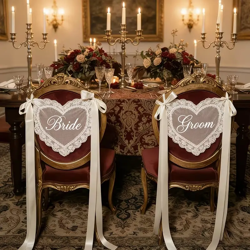 Just Married Wedding Chair Signs Set of 2, Elegant Sheer Lace Bride & Groom Chair Back Decor with Ribbon, Sweetheart Table Decorations for Wedding Reception Ceremony