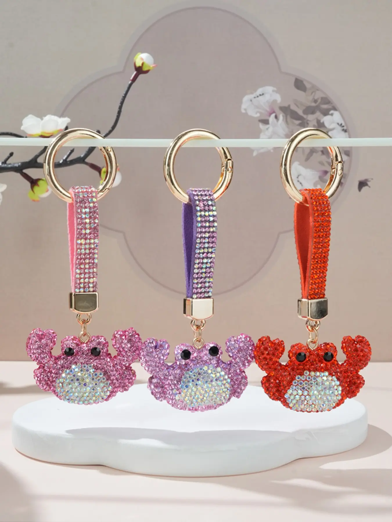Rhinestone Crab Keychain with Diamond Leather Strap, Cute Cartoon Bag Charm, Anti-Lost Key Accessory, Backpack & Car Pendant Gift for Girls