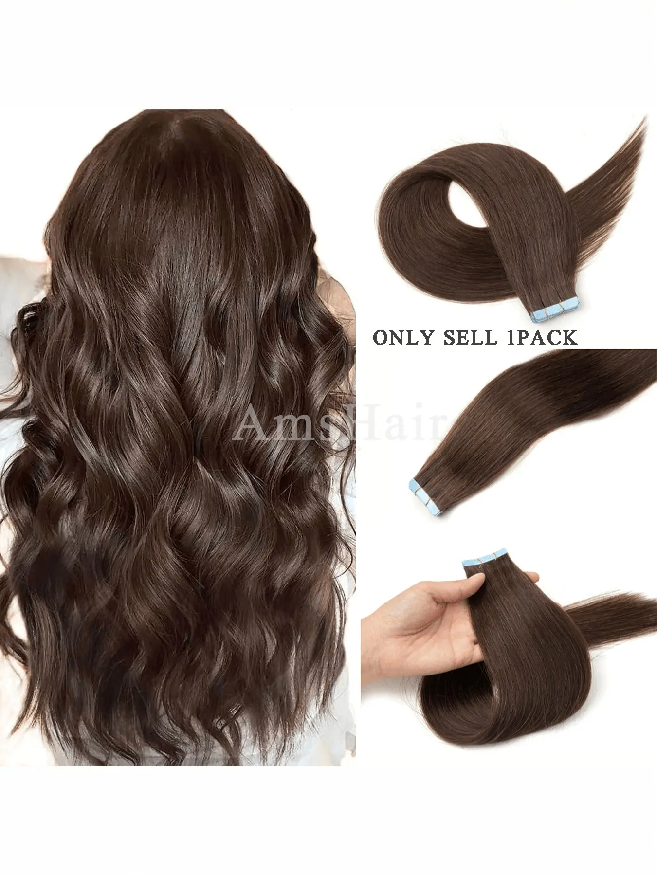 Chocolate Real Human Hair Tape-In Extensions, Hairpieces, European Grade Remy Straight Hair, Invisible Tape, Add Volume and Length, 20 Pieces