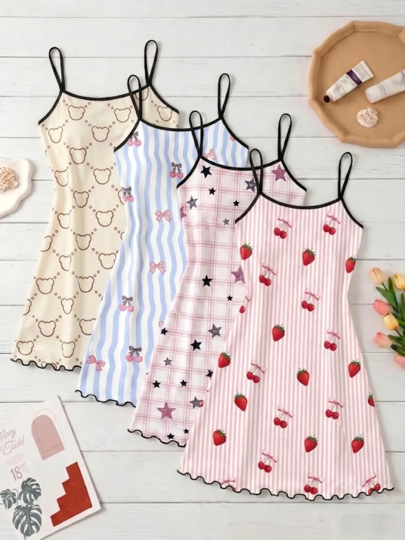 4 Pack Viral 2026 Trending Best Seller Women's Sleepwear Cute Bear Strawberry Cherry Plaid Stripe Print Summer Spaghetti Strap Ruffle Hem Ultra Soft Loose Slip Dress Lightweight Comfy Breathable Casual Nightgown Loungewear Dresses for Daily Wear