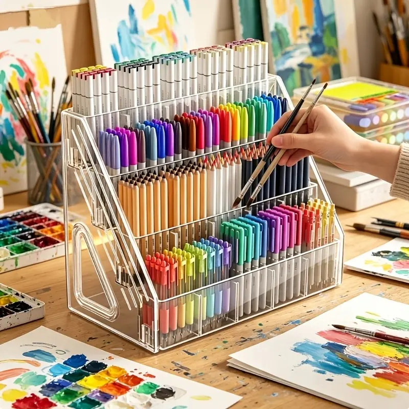 1pc Large Capacity Acrylic Pen Holder Organizer, Art Supply Organizers with Multi-Compartment Storage - Durable Plastic Desk Organizer for Pencils, Markers, Brushes, Office, School, Home - Space-saving Design, Modern Organizer