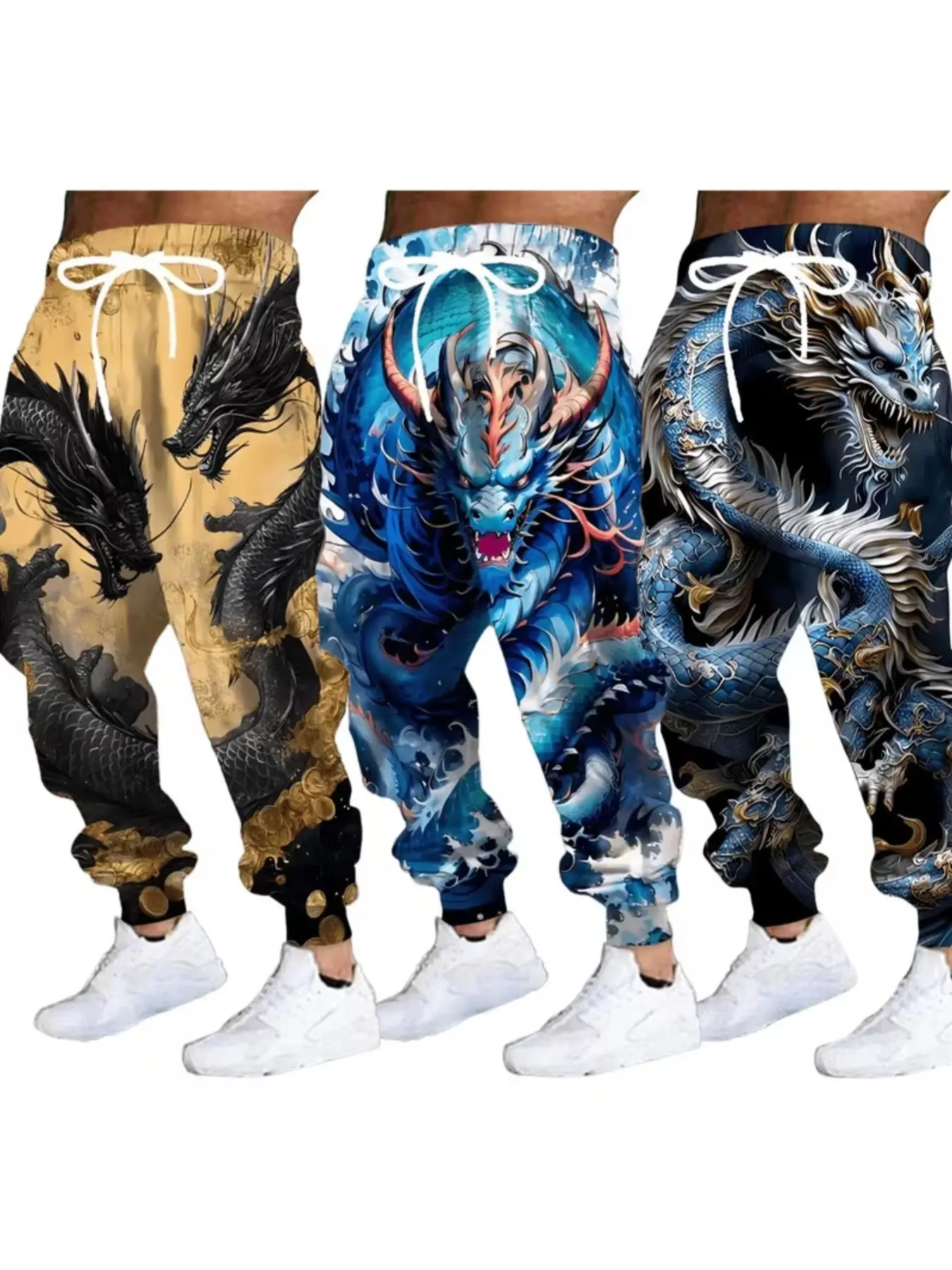 Three-Pack New Three-Color Dragon Pattern Sweatpants, Drawstring Waist, Ankle-Length, Casual Streetwear, All Seasons