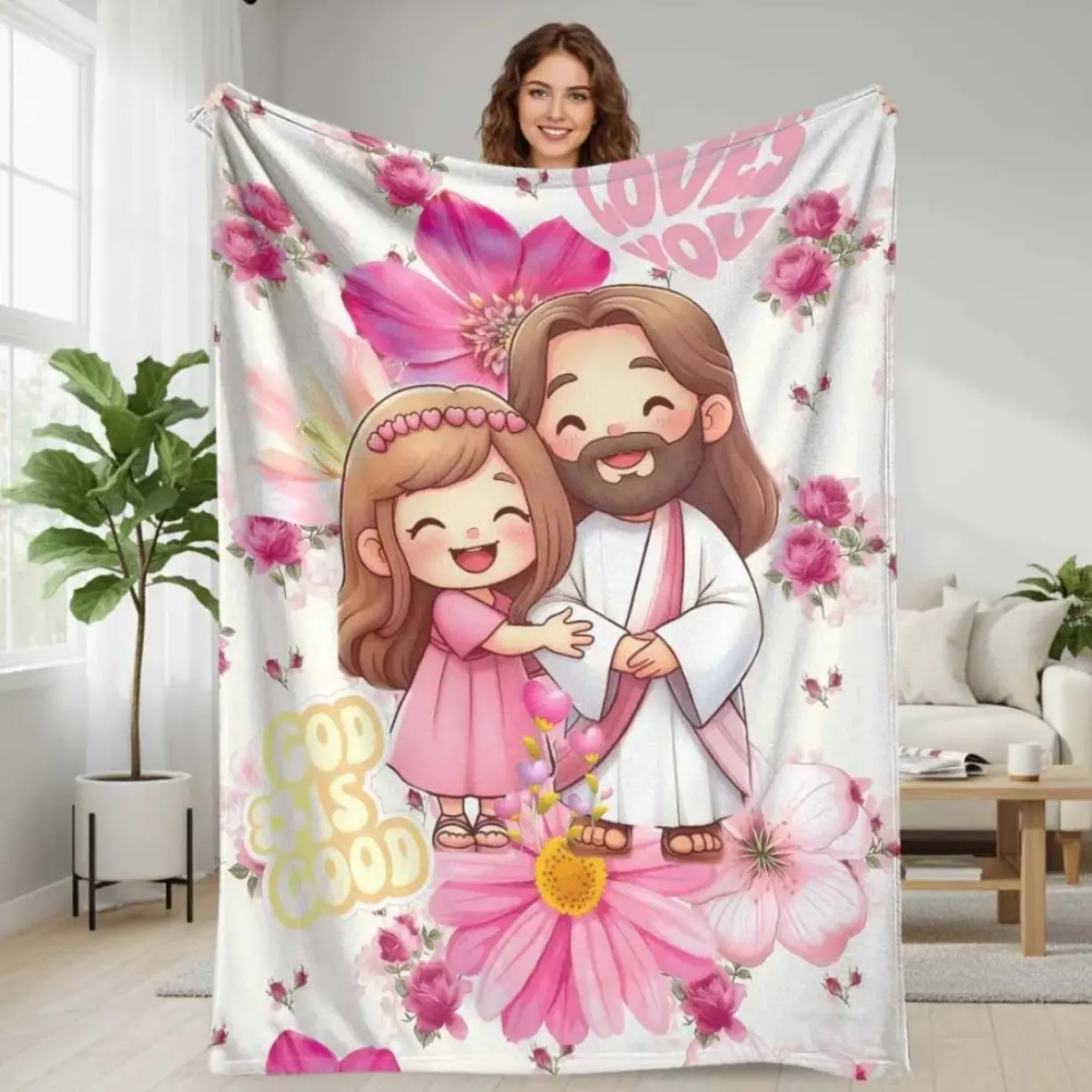 Cartoon Faith and Love Flannel Blanket Pink Floral Heart Print Cute Hugging Girl Ultra Soft Lightweight Cozy Throw Blanket for Bedroom Sofa Couch Bed Decor Prayer Church Gifts Spiritual Home Decor Holiday Blessings Gift for Women Girls Kids Trending Must