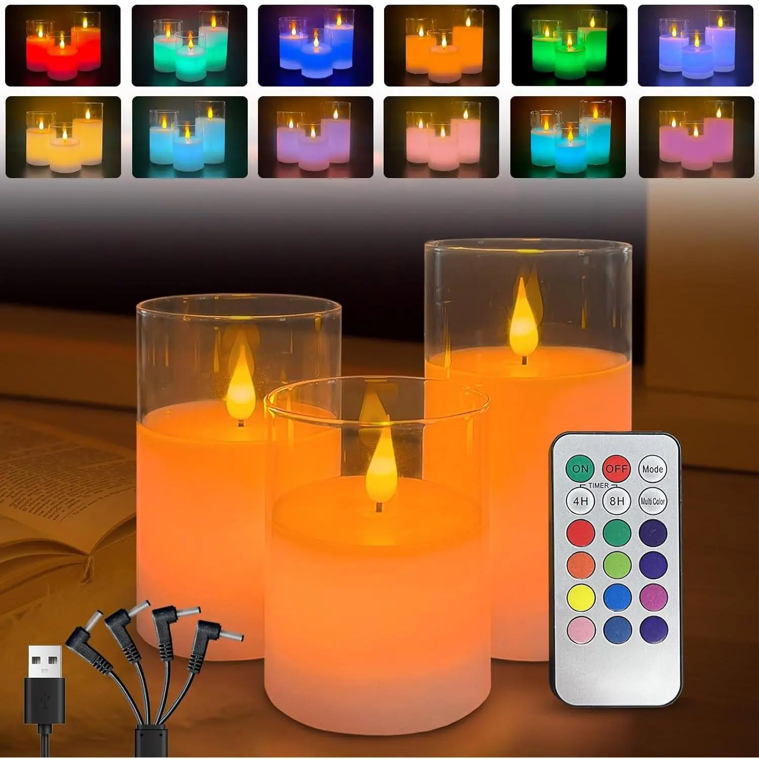 Rechargeable RGB Flameless Candles, Clear Glass LED Pillar Candle with Remote & Timer, Set of 3 -- Color-Changing Decorative Candles for Living Room, Bedroom, Holiday Decor & Gifts for Women
