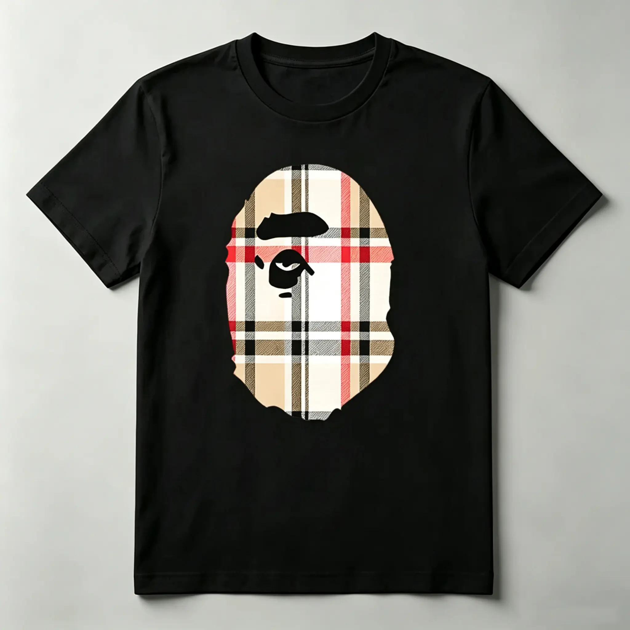 Plaid Ape Graphic T-Shirt, Retro Monkey Head Y2K Streetwear Tee, Unisex Crew Neck Short Sleeve Casual Shirt