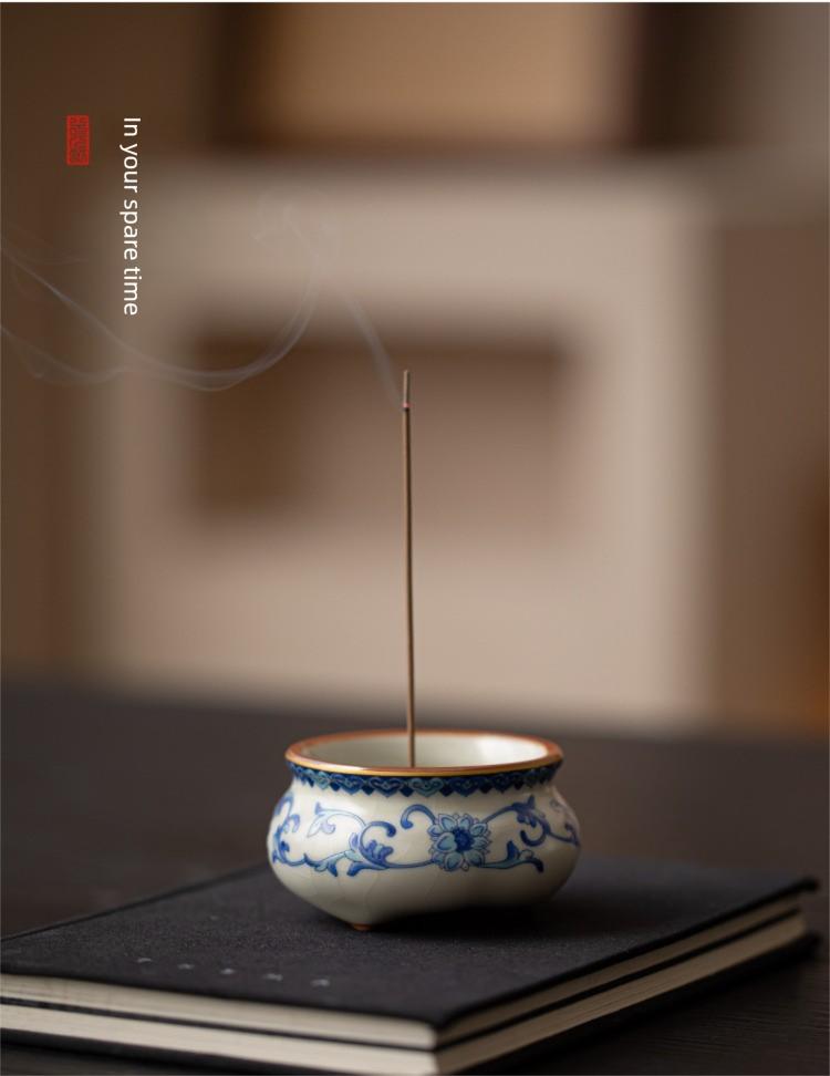 Xi Yuan Ji Blue and White Ru Kiln Incense Burner Stick Holder Three-Legged Sandalwood Censer for Home Indoor Tea Set Accessory incense stick