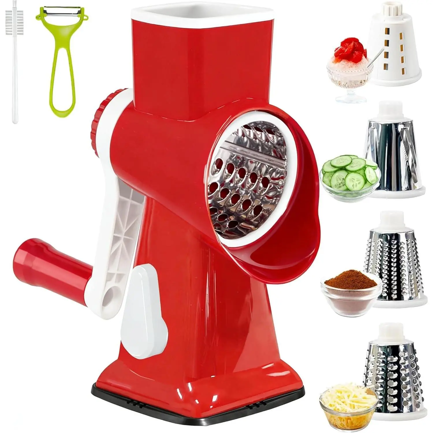 Cheese Grater with Handle, Multifunctional Kitchen tool, Stainless Steel Rotary Grater Slicer for Fruit, Vegetables, Nuts (Red)