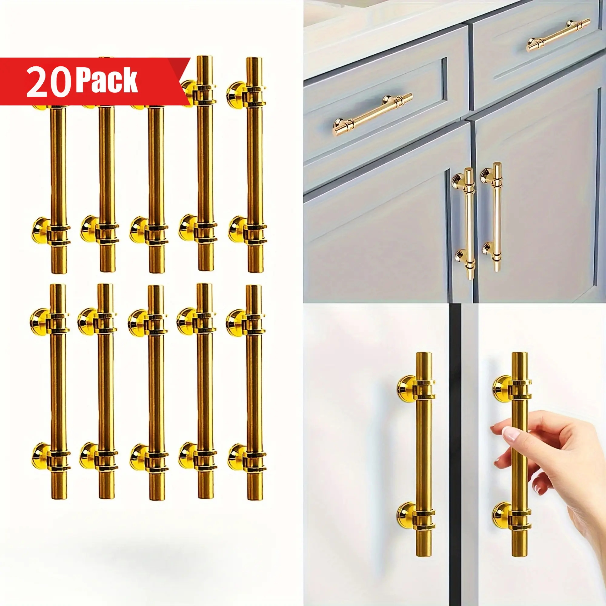 20 Modern Gold Cabinet Handles, Polished Metal Drawer Pulls with Installation Hardware, Metal Cabinet Handles, Dresser, Furniture - Premium Metal Finish Cabinet Hardware