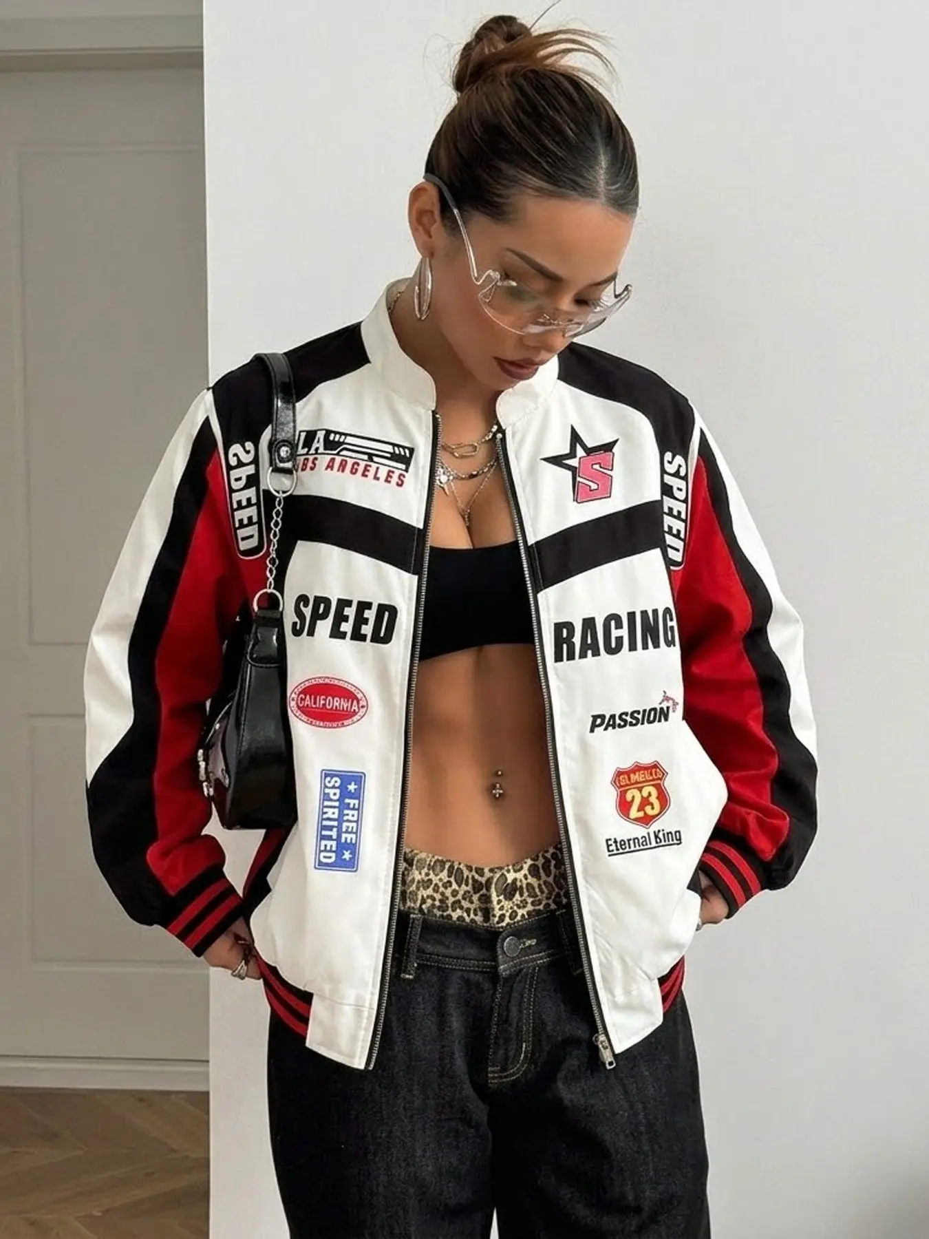 Women's Patchwork Racing Jacket, Loose Stand Collar Zipper Motorcycle Baseball Coat, Vintage Y2K Hip Hop Street Style Riding Top