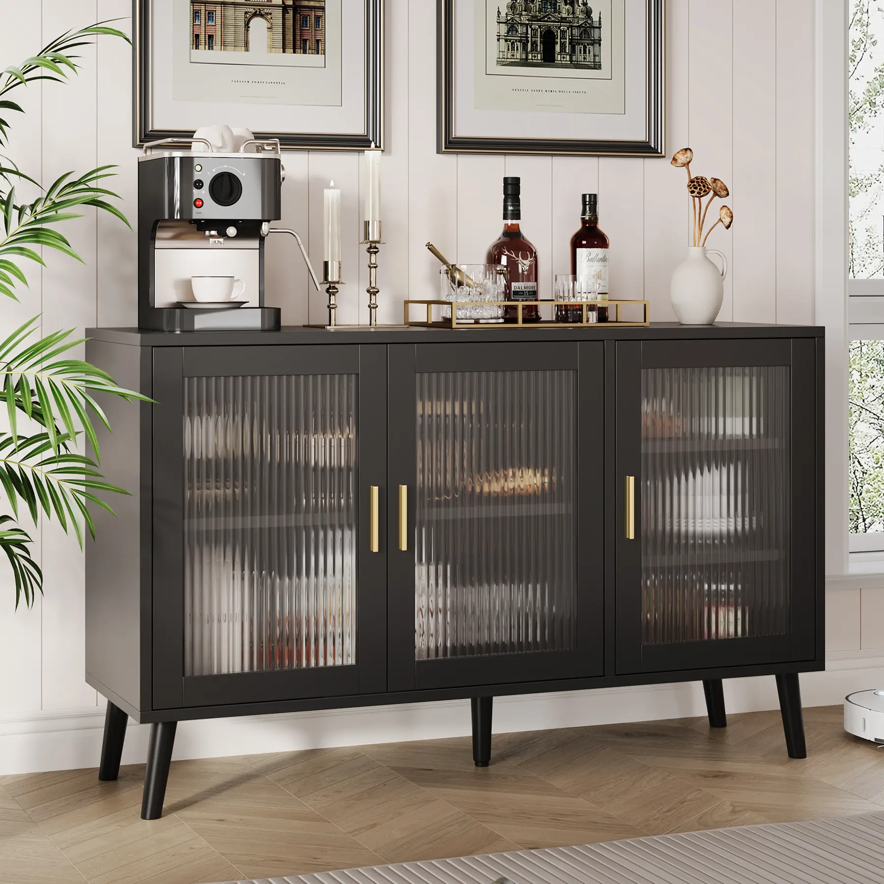 48" Width Modern Mid-Century Fluted Glass Sideboard Buffet Storage Cabinet with Textured Panels, Adjustable Shelves, Reinforced Legs, Solid Base, Sturdy Board - Multi-Functional Console for Dining Room, Living Room