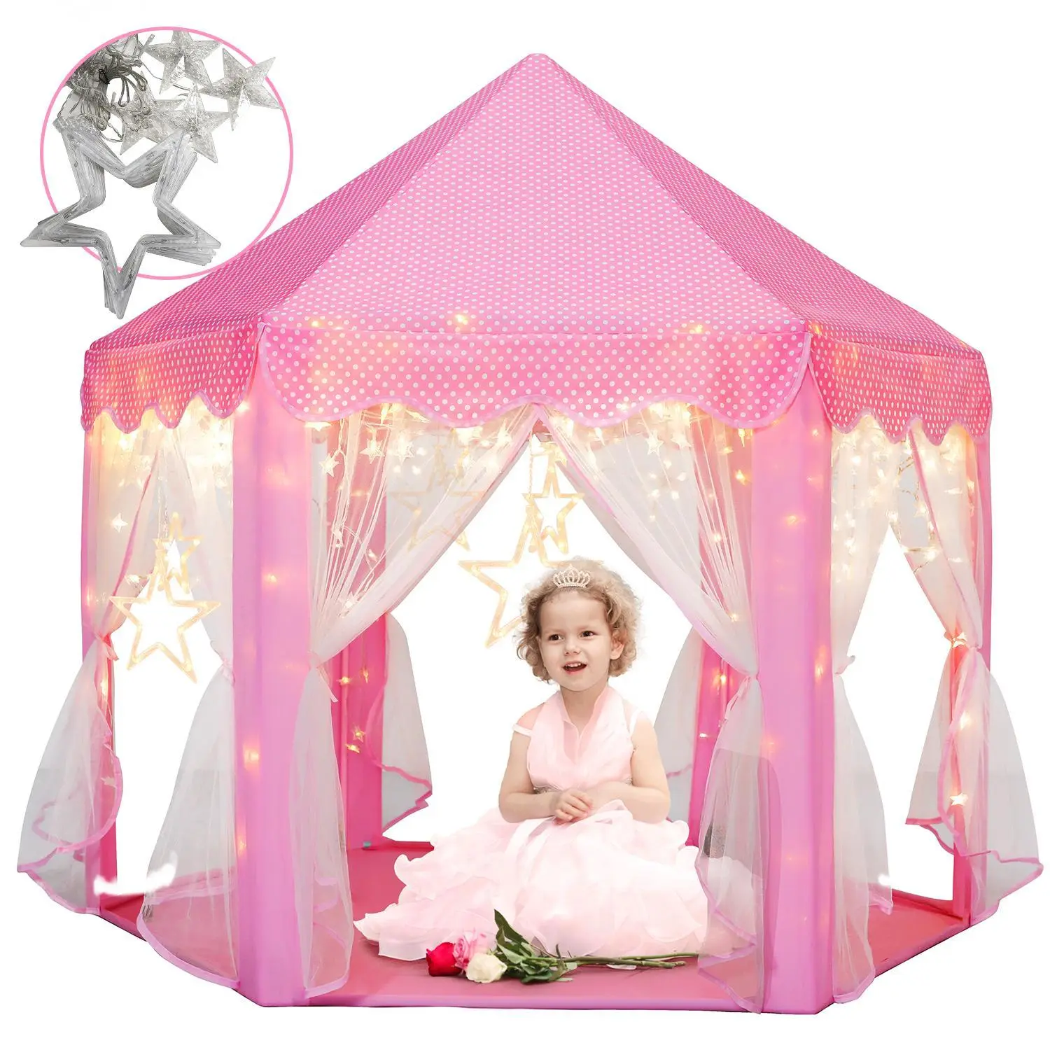 Sumbababy Princess Pink Castle Tent Play Sets Large Fairy Star Lights Playhouse Indoor Outdoor Game Perfect Toy Giftsfor kids fun Indoor Fabric