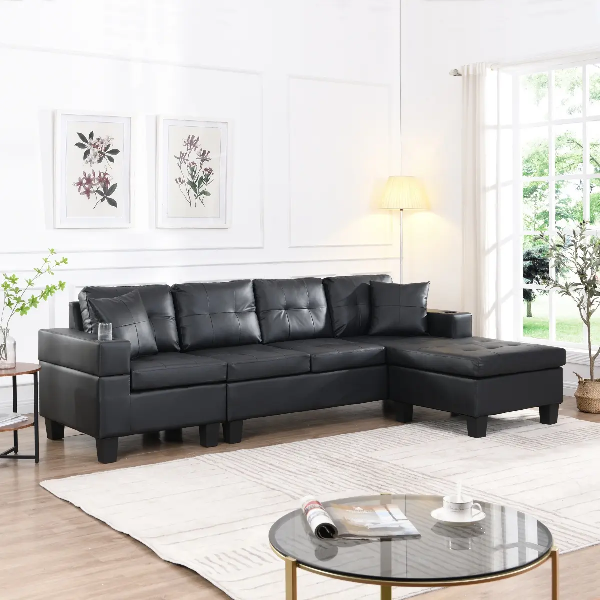 Aobtkel L-Shape Leather Sectional Sofa Set - 4-Seat Multi-Position Living Room Furniture with Left or Right Hand Chaise, Sinuous Springs Cushions, Cup Holder, Overnight Guests Accommodation, Assembly Required (Black)