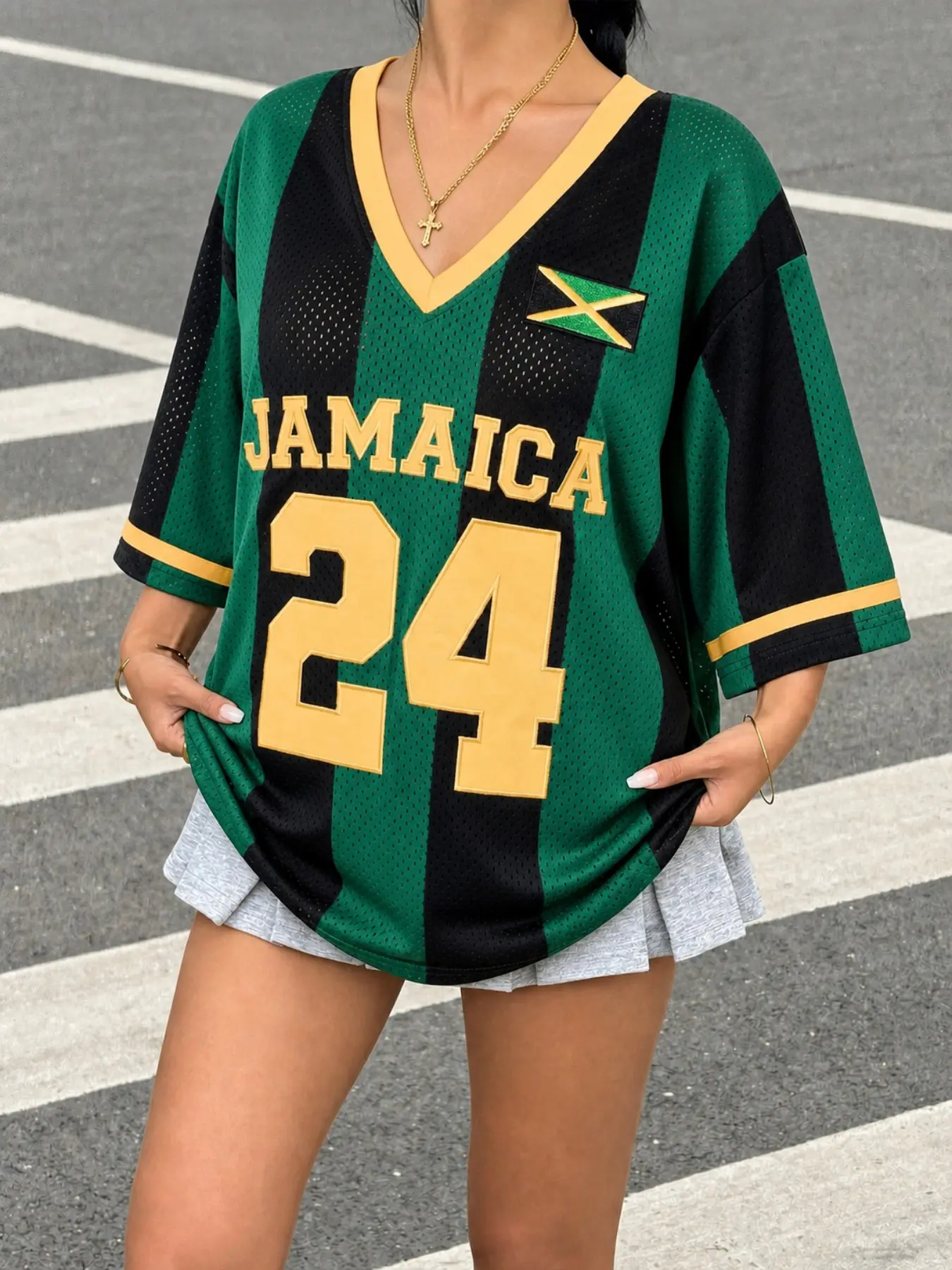 Women's Jamaica Flag Green Black Vertical Stripe Mesh V Neck Jersey Top, Oversized Breathable Mesh Short Sleeve Tee, Retro National Flag Print Sport Street Blouse, Athleisure Style, Bold Athletic Tee
