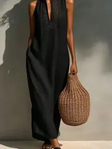Stand Collar Hollow Out Embroidered Linen Long Dress, Natural Texture Breathable Dry, Coastal Beach Vacation Style, Relaxed Casual Look