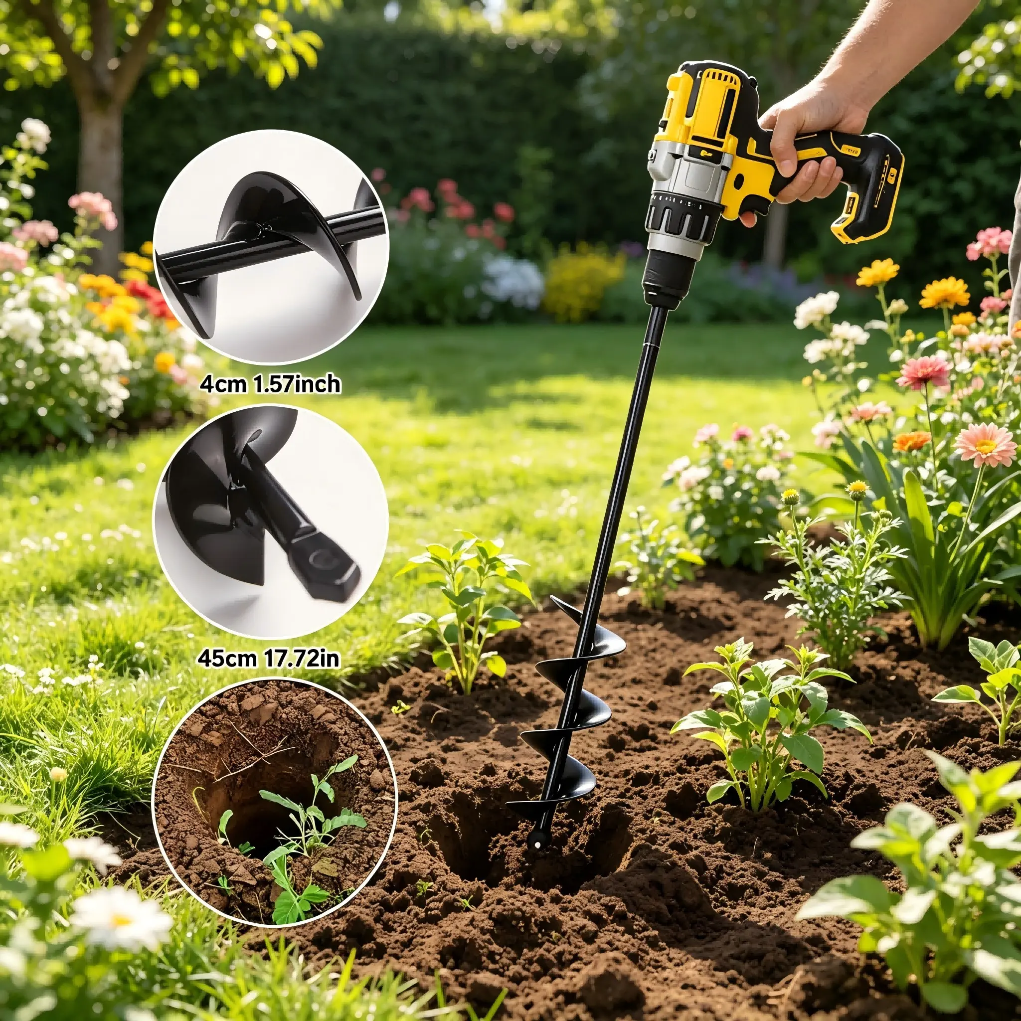 Garden Auger Drill Bit, Spiral Soil Digger for Bulbs, Bedding Plants & Umbrella Post Holes, Fits 3/8 Inch Hex Drive Power Drills