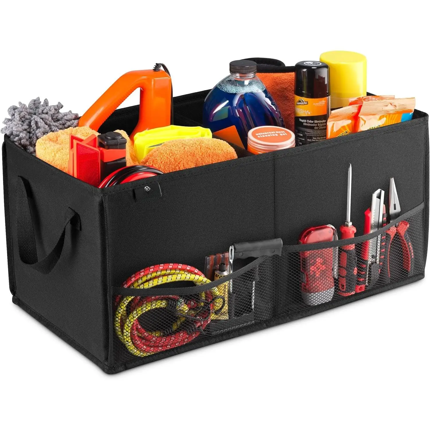 Black Synthetic Car Trunk Organizer - Large 2-Compartment Storage Bin for Cars, 22x10x11", Non-Slip Fastener for Secure Fit, Mesh Side Pockets, Heavy-Duty Handles