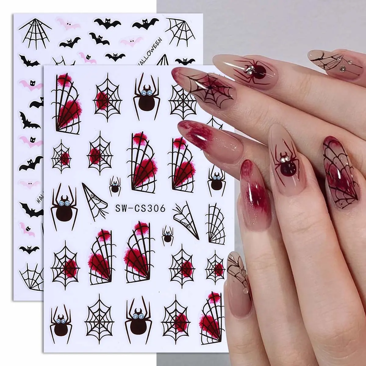 2pcs Halloween Decorative Nails Nail Art Stickers, 3D Spider Web Bat Design DIY Nail Stickers, Perfect for Women and Girls, Festive Manicure Supplies