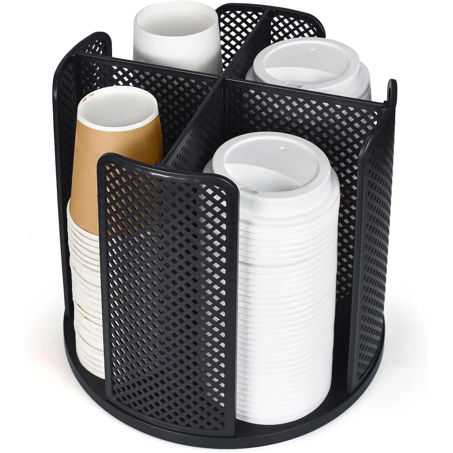 Cup and Lid Organizer, 360° Rotatable Coffee Cup Holder for Disposable Plastic and Paper Cups of 5 to 16 oz, 4 Compartments Detachable Countertop Cup Dispenser Coffee Station, Black