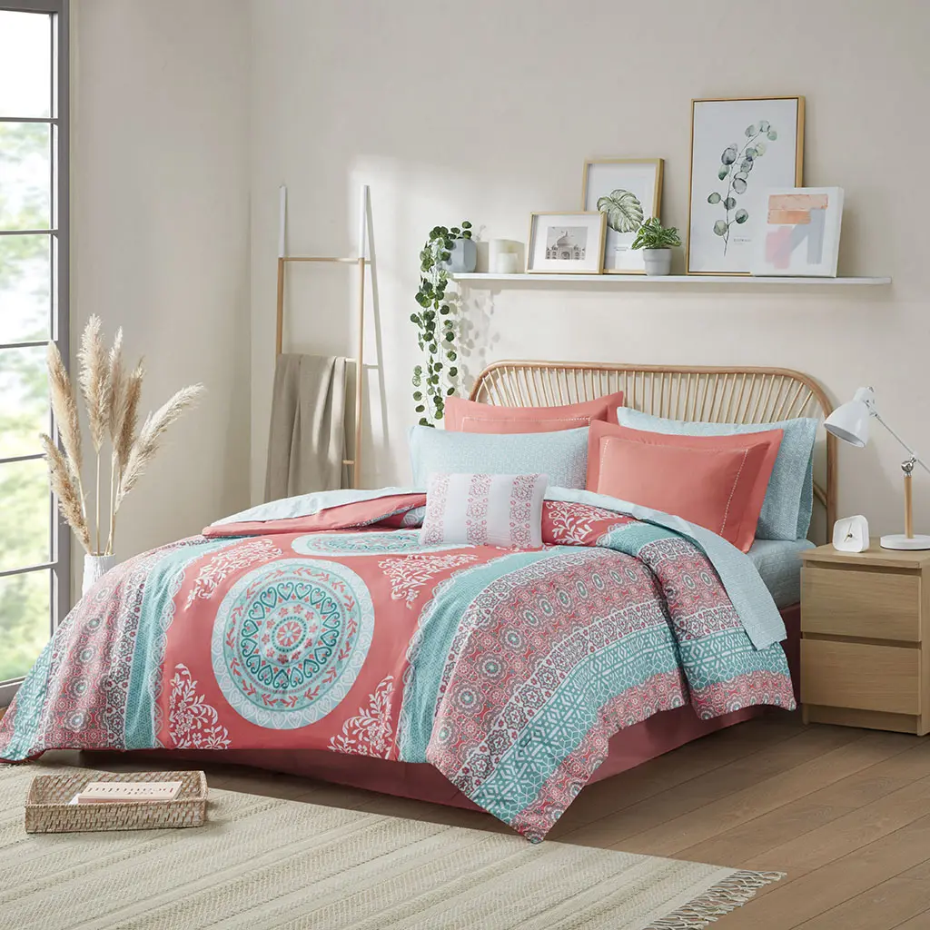 Nokaa Twin Boho Comforter Set with Bed Sheets – Bohemian Bedding Set for Girls Teens Adults, Soft Polyester Reversible Quilted Comforter with Pillow Sham & Flat Sheet, All Season Lightweight Bed in a Bag, Twin Size, Coral Color