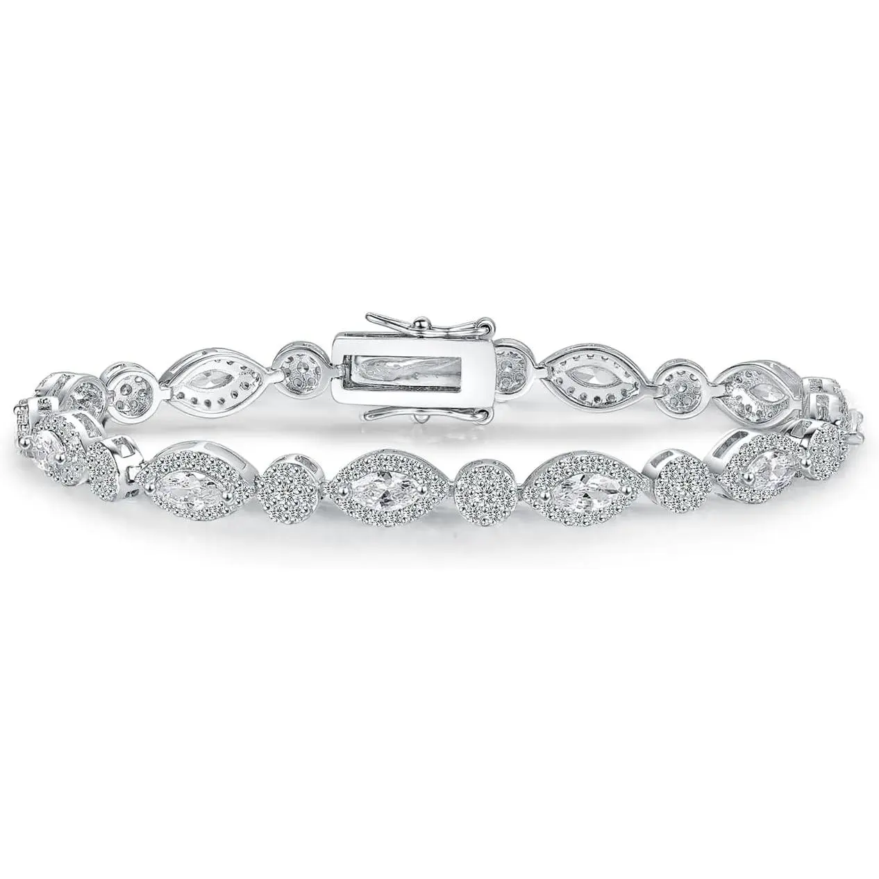 GEMSME 18K White Gold Halo Tennis Bracelet for Women Cubic Zirconias Round Square Oval Heart CZ Jewelry Gift