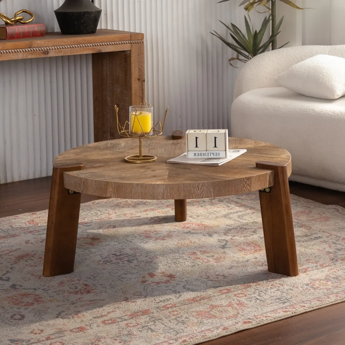 36.61 Inch Round Coffee Table Solid Wood Herringbone Tabletop Natural Distressed Finish 3 Tapered Legs Solid Wood & MDF Rustic Farmhouse Tea Table Easy Assembly For Living Room Cabin Boho Home Decor