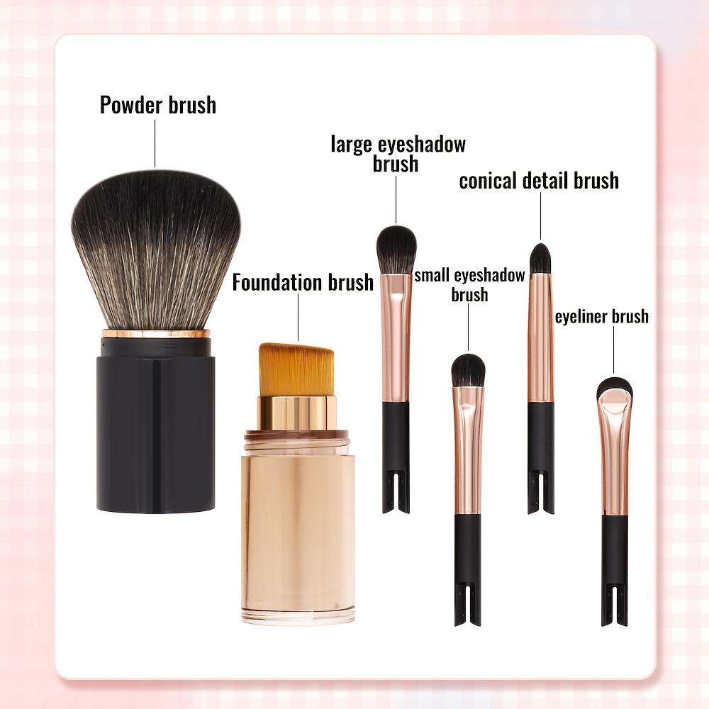 6-in-1 Extendable Makeup Brush Set with Retractable Blush & Foundation Brush & 2 Double-Ended Eyeshadow Brushes - Portable Travel-Friendly Compact Suitable for Skin Types, Concealed Angled Foundation Tip, Detachable Nylon Bristles for -the-