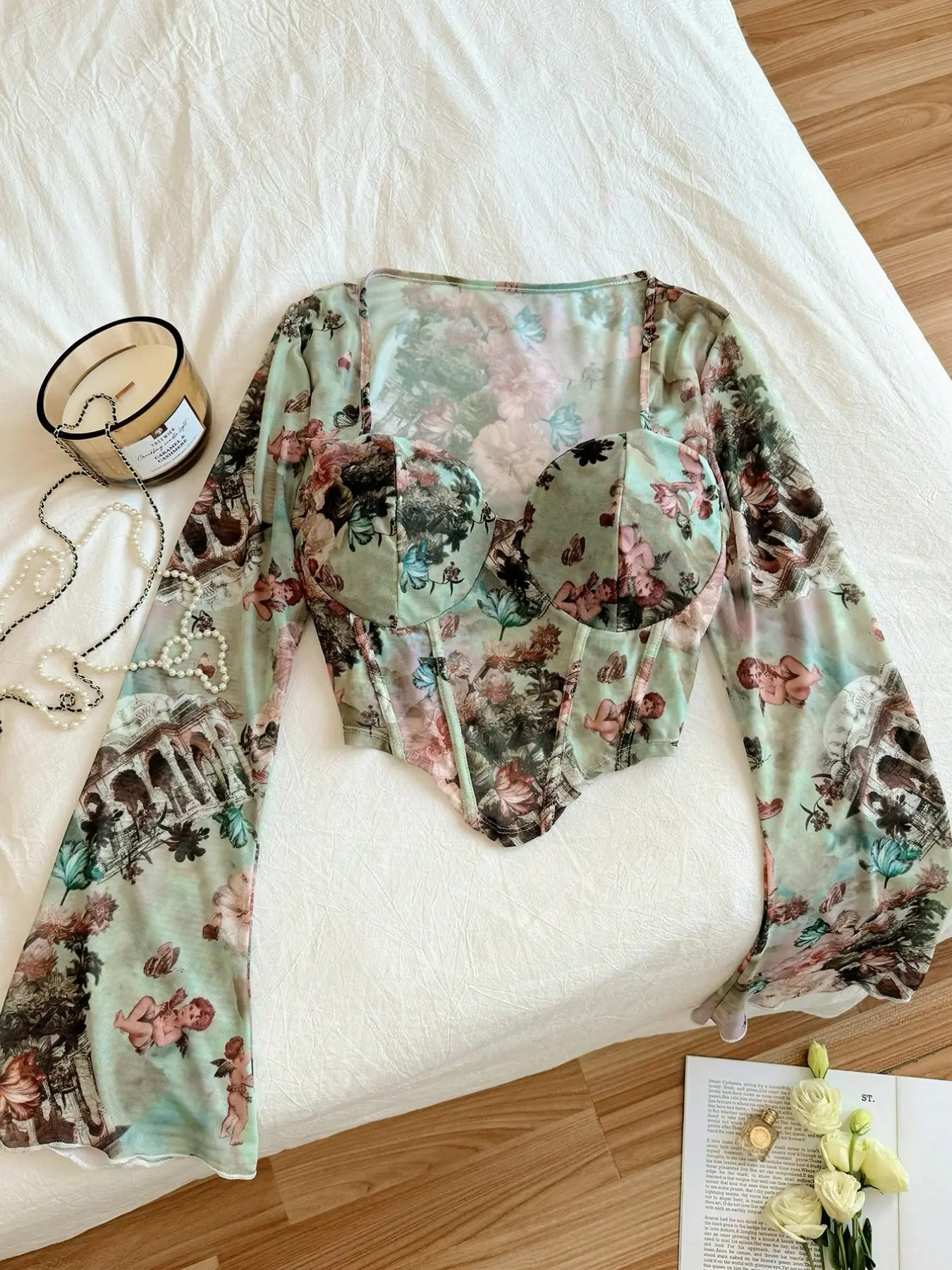 Plus Size Women Medium Stretch Fairycore Mesh Corset Top Renaissance Angel Print Long Flare Sleeve Bustier Crop Shirts Flattering Curvy Going Out Party Date Night Y2K Coquette Aesthetic Outfit Trendy Cute Figure Hugging