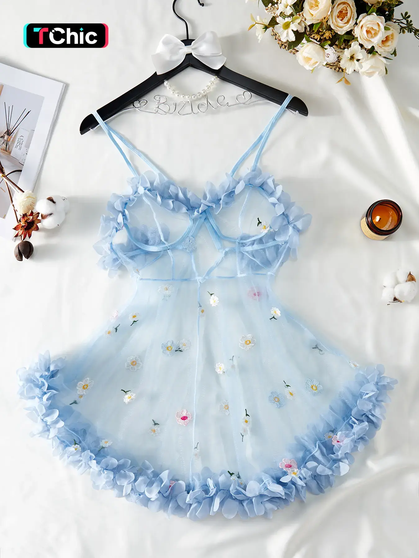 Women's Sexy Cute Homecoming Sleepwear Loungewear Dress, Backless V-Neck Design, Floral Embroidery Ruffle Hem, Adjustable Spaghetti Straps, Semi-Sheer High Stretch Material