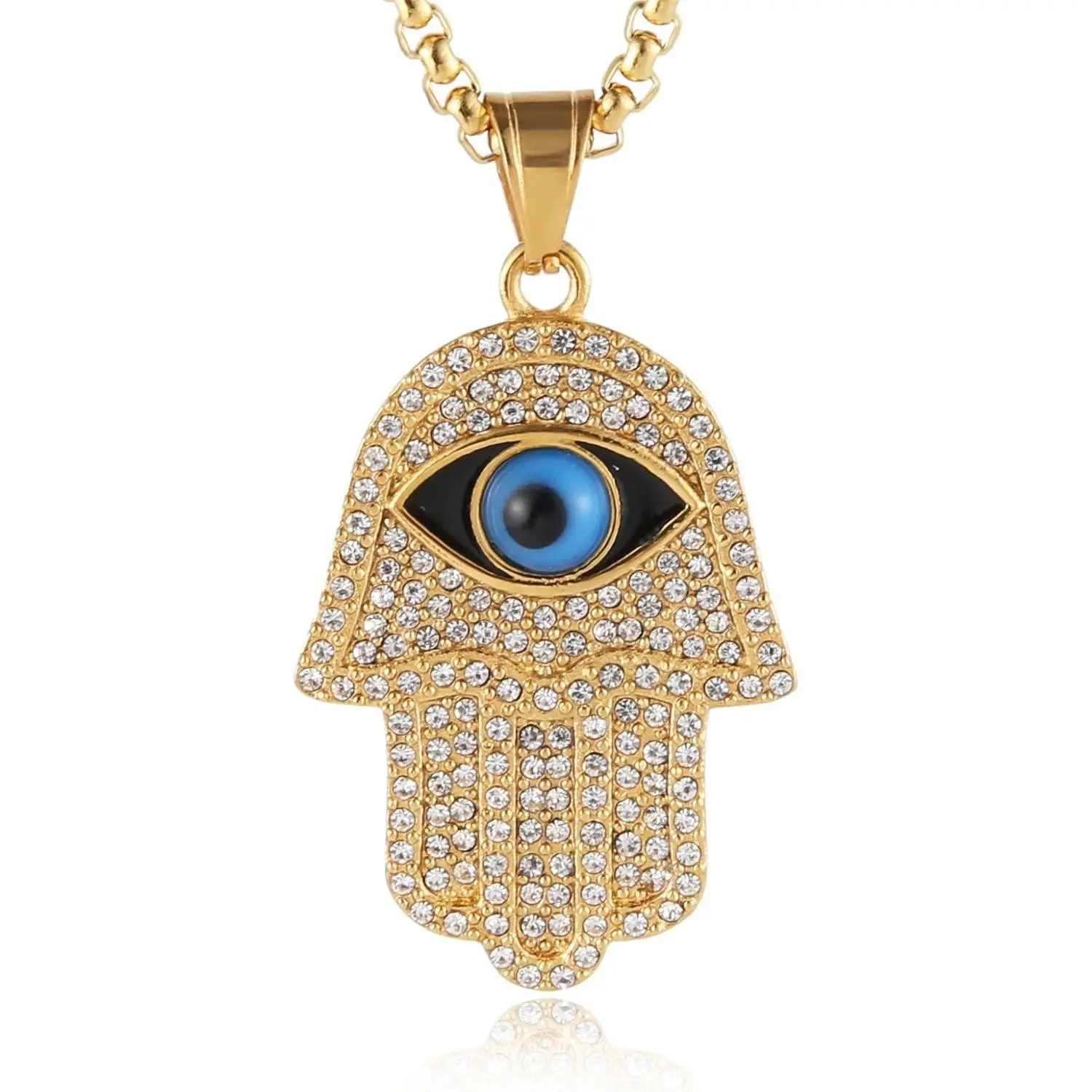 18k Gold Plated Iced Out CZ Stainless Steel Blue Evil Eye Beads Fatima Hamsa Hand Pendant Necklace