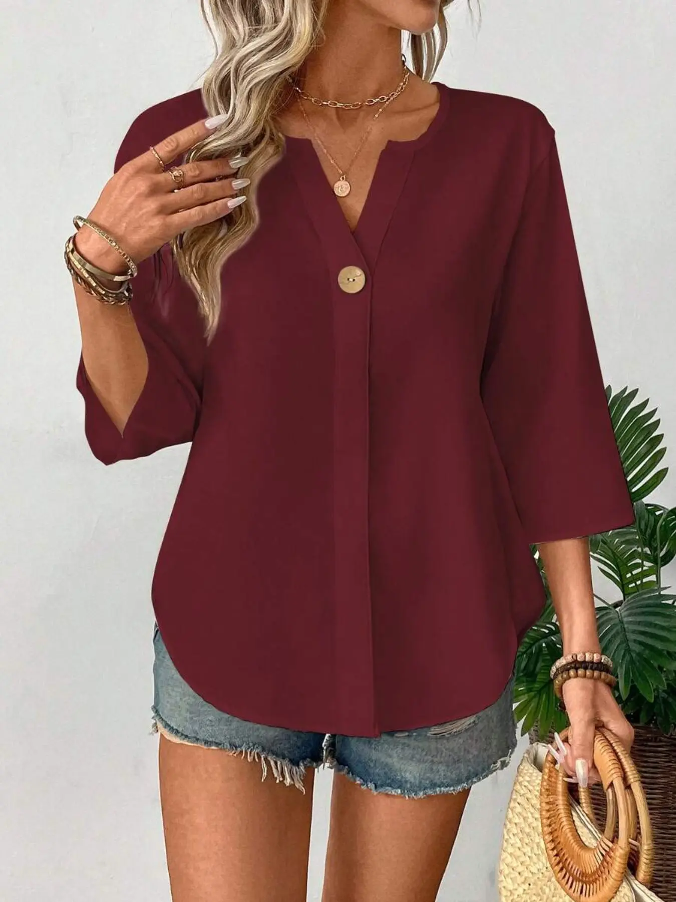 Elegant Women's V-Neck Button Front Five-Piece Sleeve Casual Shirt Top, Pure Color Design, Perfect for Daily Wear & Special Occasions