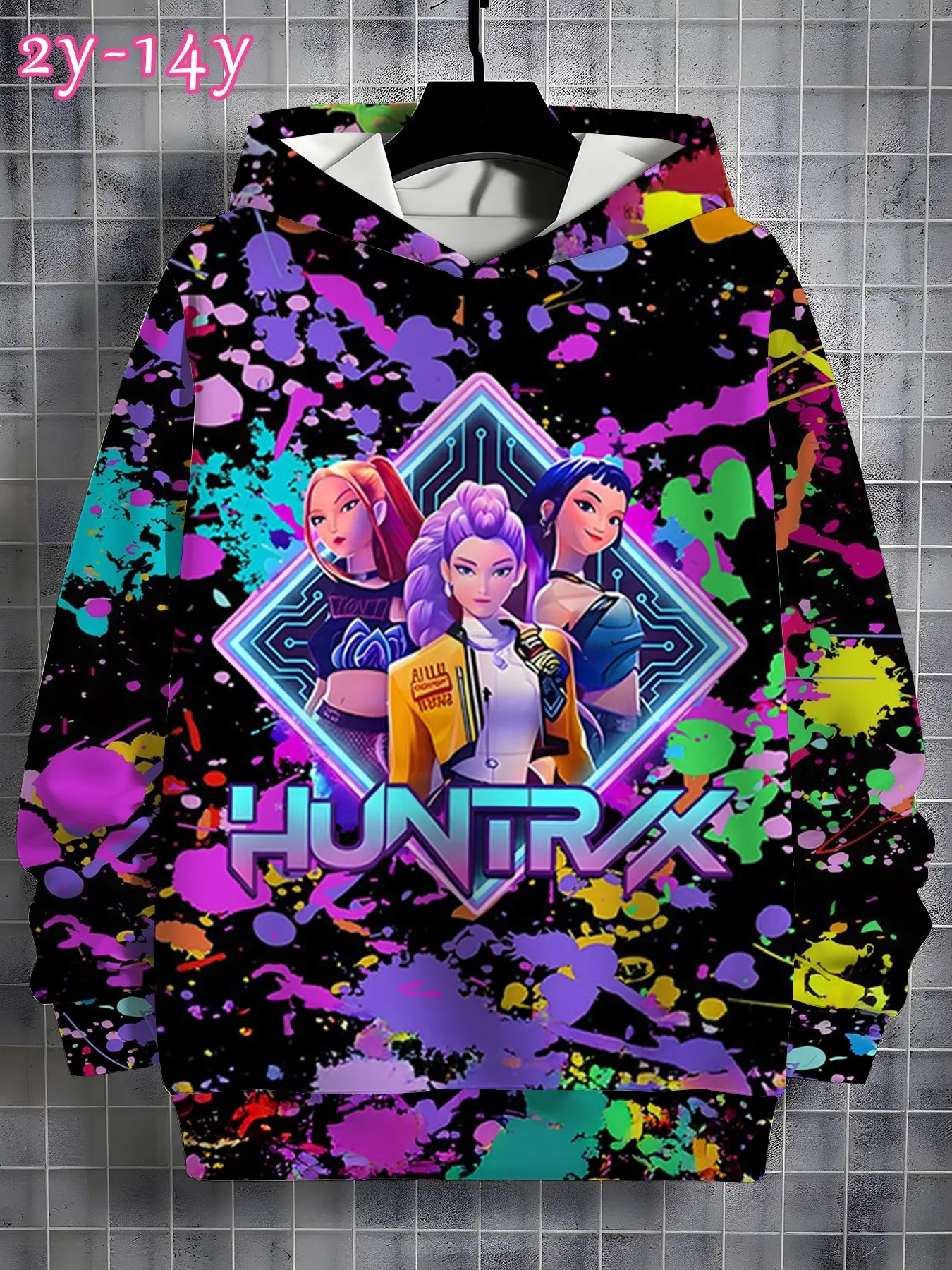 Girls' Hooded Sweatshirt with Neon Anime Print, Loose-Fit Casual Top for Kids 2-14 Years, Fall & Winter Street Style Gift, Casual Streetwear Hoodies