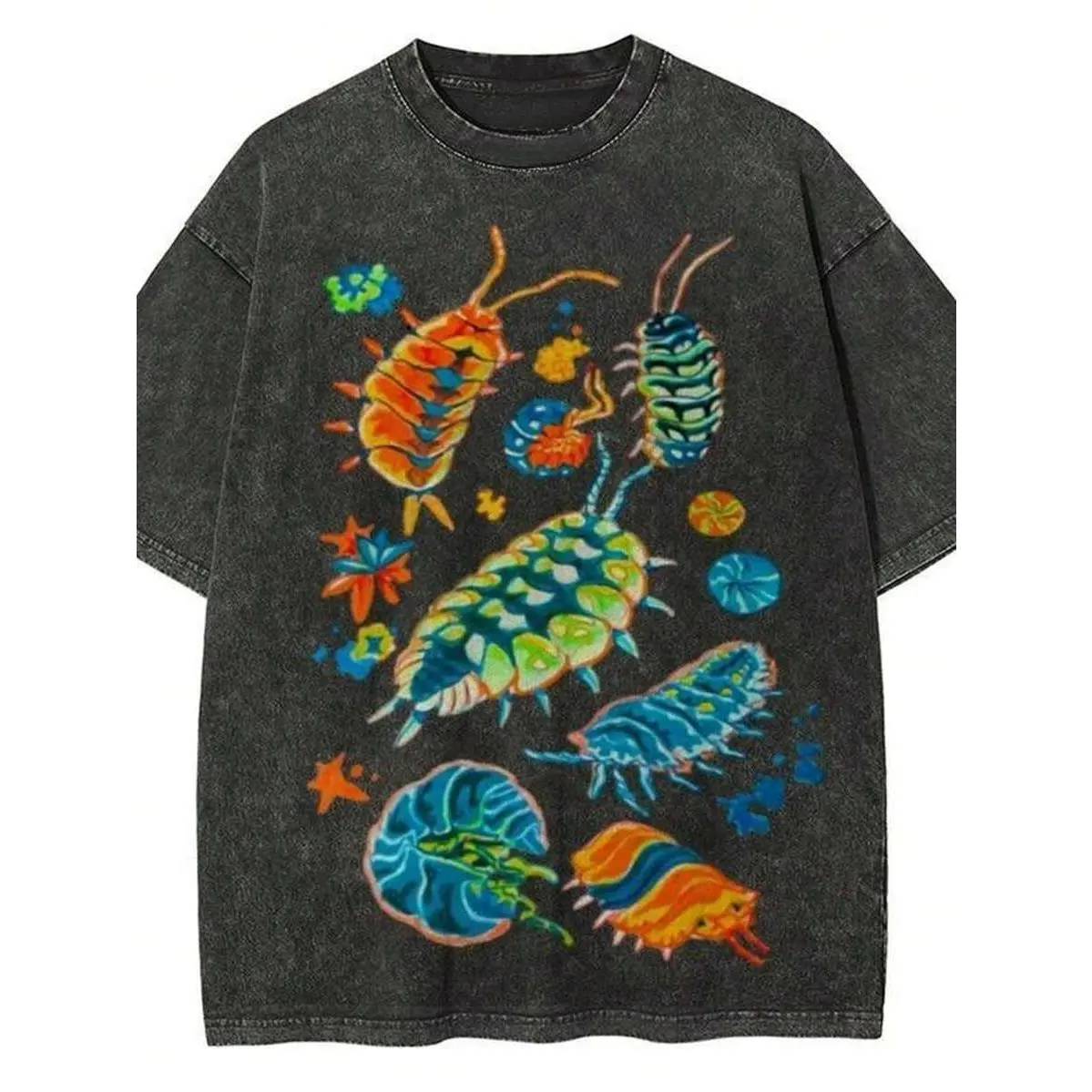Unisex Y2K Colorful Isopod Bug Print Loose Washed Tee, American Vintage Crew Neck Weird Insect Graphic T-Shirt, Retro Indie Oddcore Aesthetic Streetwear, Festival Casual Daily Top |   Fast Same Day Shipping