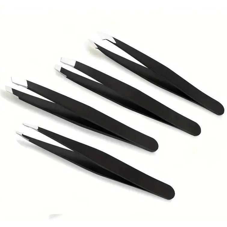 Professional 4-Piece Tweezer Set with Leather Case, Long Lasting Stainless Steel Tools for Precision Hair Removal - Includes Slant, Pointed, Angled, and Flat Tips, Tweezers Set, Beauty Tools Set