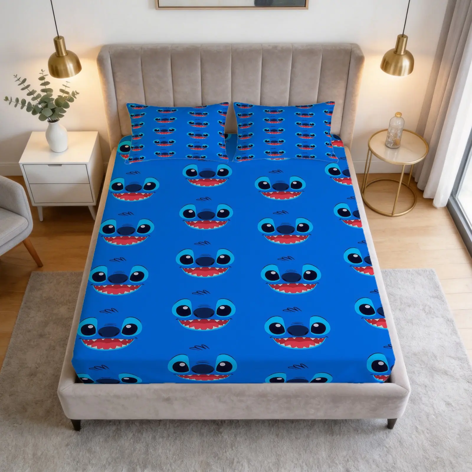Blue Cartoon Emoji Printed Pattern Bed Sheet Set, Stitch， 1 Bedsheet Paired With 2 Pillowcases (Excluding Pillow Core), Suitable For Bedrooms, Dormitories, And Guest Rooms For Teenagers And Adults, And Suitable As a Gift