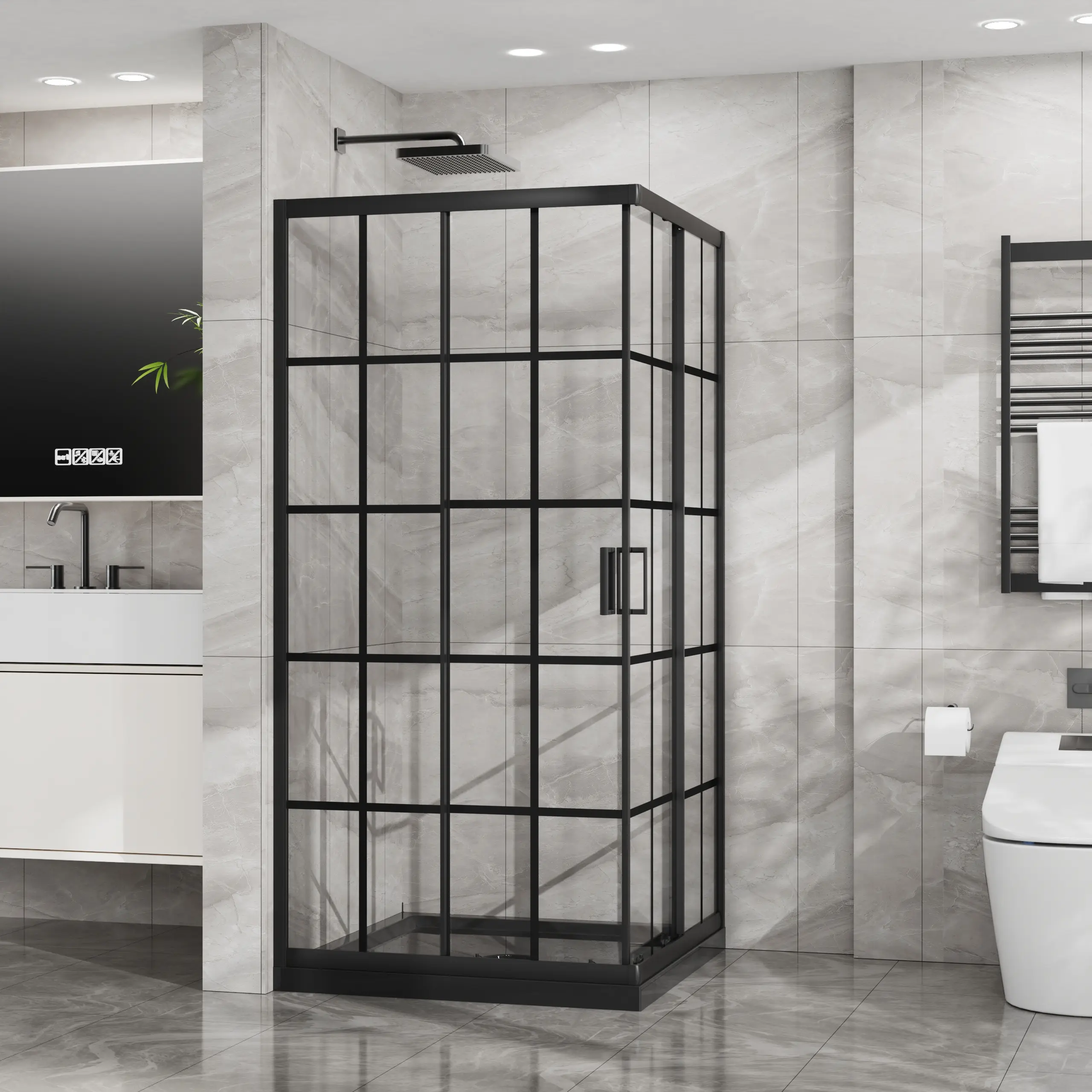 Nokaa Corner Shower Enclosure 36D x 36W x 72H in Double Sliding Shower Door with Black Base, French Grid Pattern Tempered Glass, Easy Clean Bathroom Stall, Complete Shower Kit