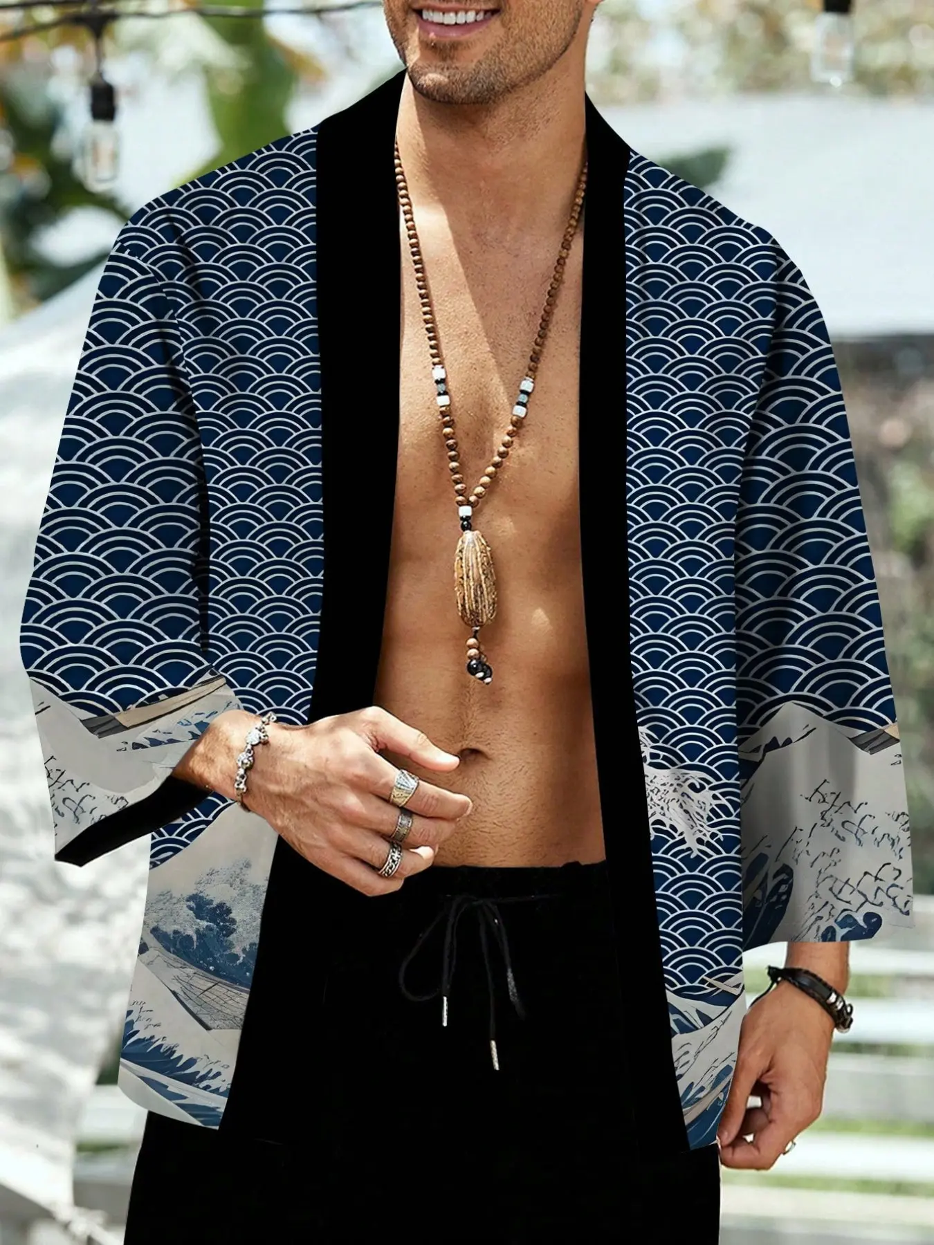 Vintage Japanese Kimono Men's Seven-Quarter Sleeve Fuji Mountain Wave Pattern Open Front Coat, Loose Fit Shoulder Drop Outerwear