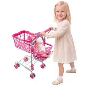 【DealsForYouDays】Unisex VEVOR Kids' Sturdy Metal Frame Shopping Cart, 2-Layer Toy Trolley with Baby Doll, Doll Seat Carrier, 4 Rolling Wheels, 3.1 lbs, 7 L Capacity, Folds for Easy Storage, for 3-4 Years Toddlers Pretend Grocery Play