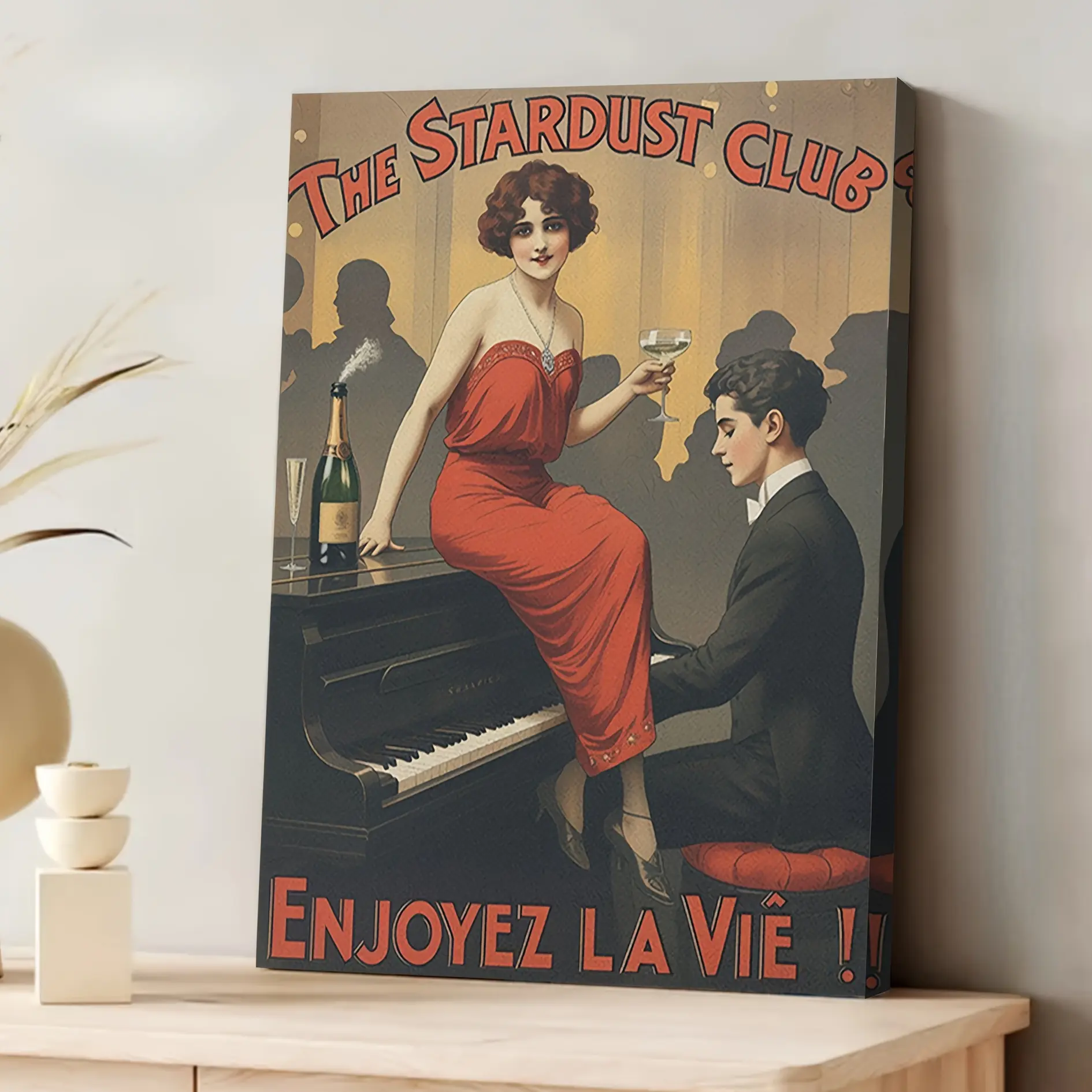 Art Deco Canvas Wall Art - The Stardust Club Jazz Age Flapper Girl & Gentleman Silhouette Poster, 11.8x15.7 Inch Wrapped Canvas Frame, Retro Home Decor for Living Room, Bedroom, Bathroom, Kitchen - Perfect Holiday Gift