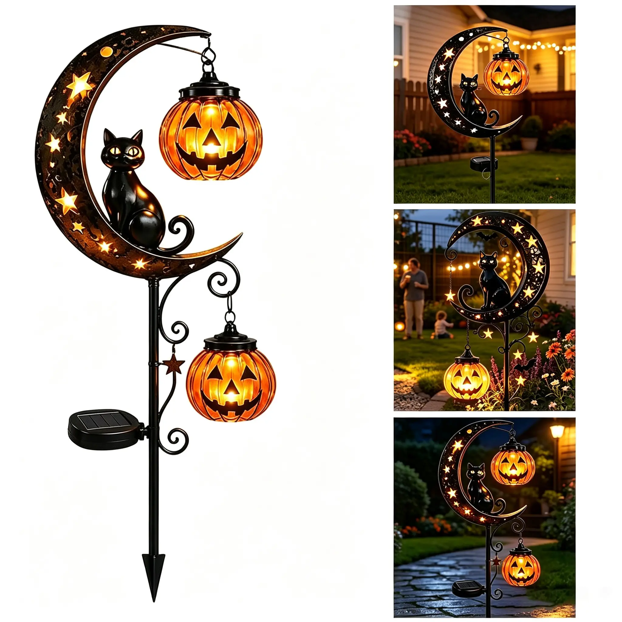 Solar Halloween Cat Pumpkin Moon Stake Light, Outdoor Solar Decorative Lamp, Garden Atmosphere Light, Perfect for Halloween Yard, Patio, Lawn, Pathway