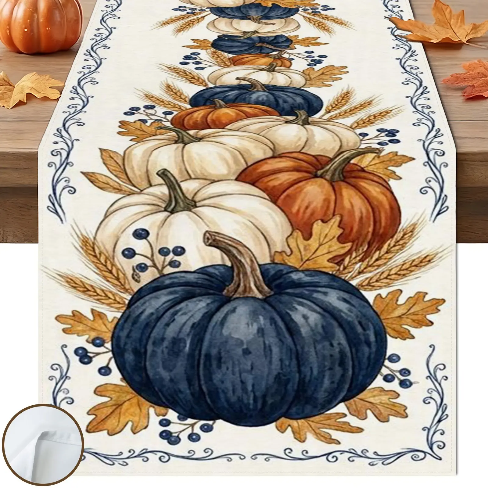1pc Blue Orange White Pumpkin Table Runner, Vintage Farmhouse Cozy Style, Beige Background Blueberry Wheat Maple Border Design, for Autumn Thanksgiving Table Decor