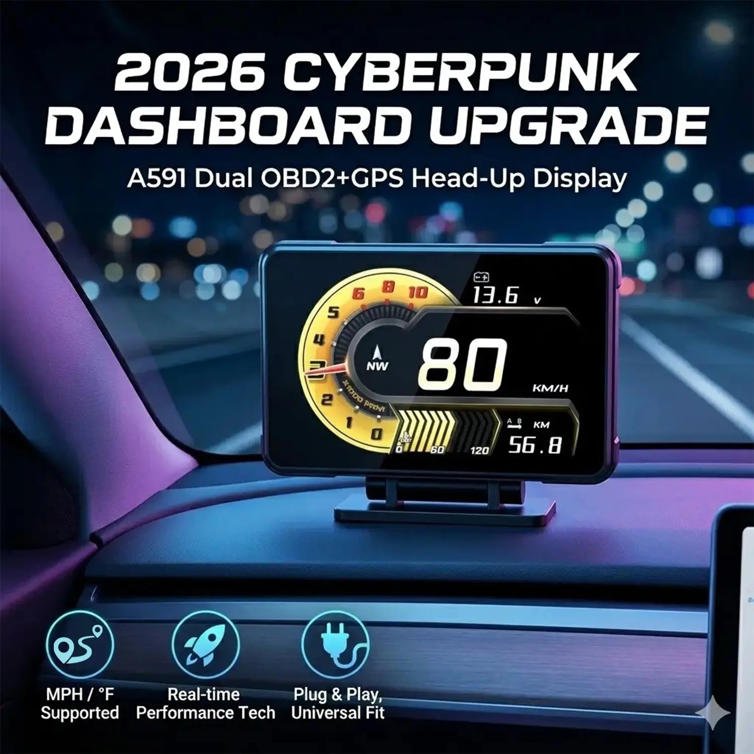 A591 Car Hud Digital Display, Obd2+GPS Dual System, Monitors Speed, Voltage, Rpm, Turbo Oil Temperature, High Visibility, Auto Electronics