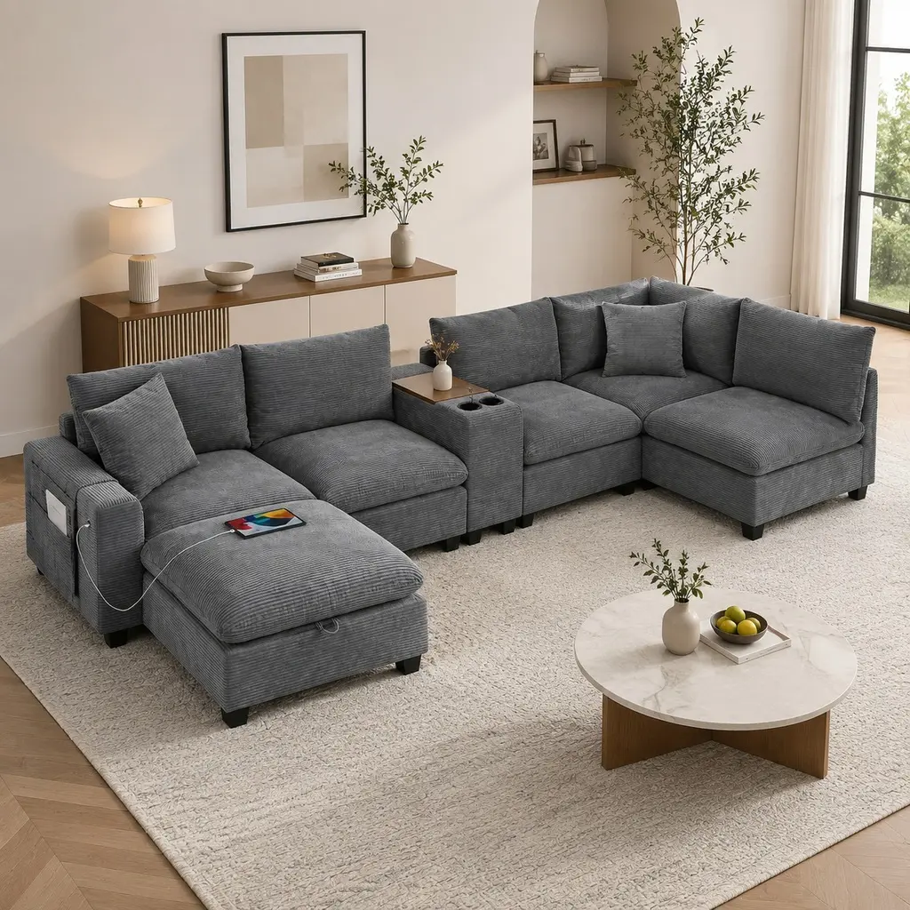 139-in Modern U-Shaped Modular Sectional Sofa with Console, Oversized Corduroy Couch, 6-Seat Living Room Furniture, Wide Seats, USB Charger, Cup Holders, Movable Storage Ottomans, Storage Pockets, Clean with Soft Brush