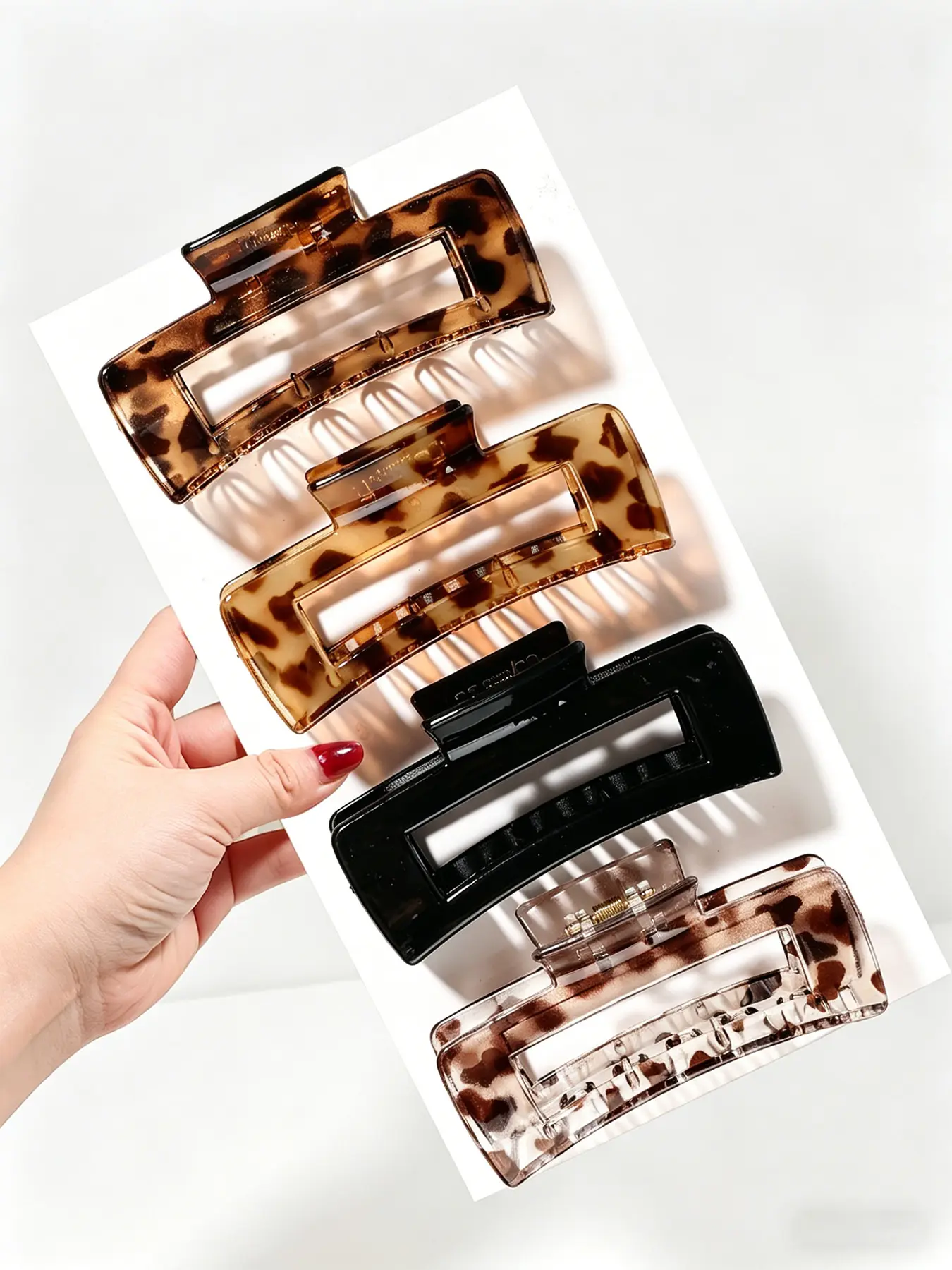 4 Pcs Large Rectangular Hair Claw Clips, Leopard & Tortoise Shell Pattern, Non-Slip Matte Acetate, Retro Strong-Hold Fashion Accessories for Thick & Thin Hair, Daily Styling & Party
